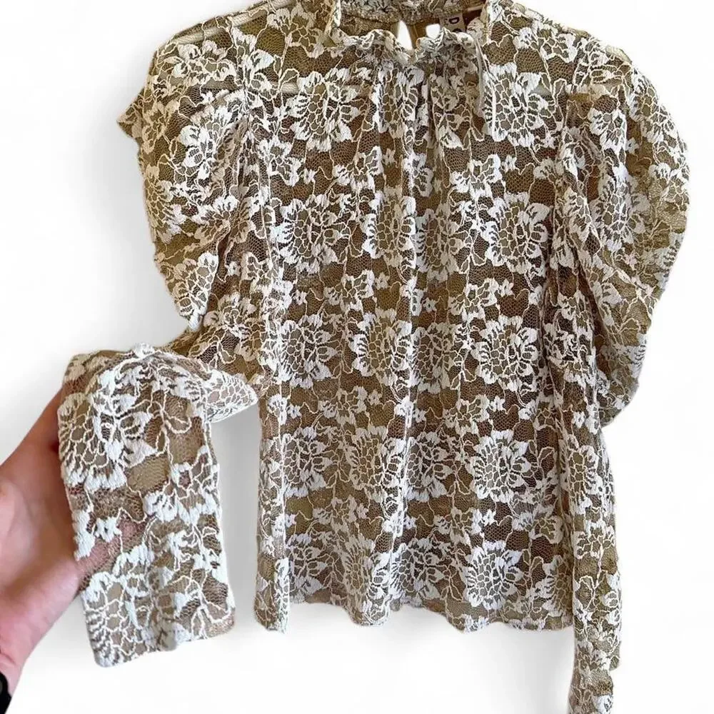 Anthropologie sheer lace mock neck Top